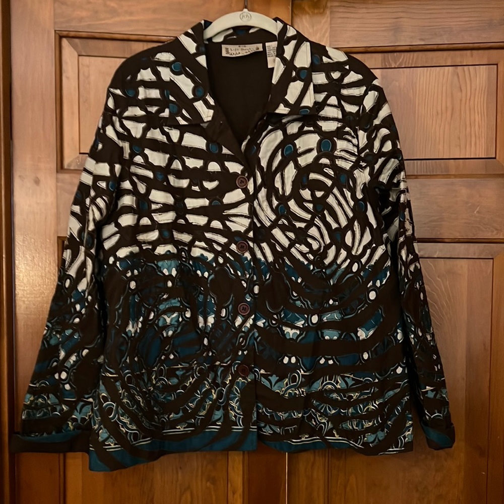 Life Style ls button front jacket in brown, teal, and off white, all cotton